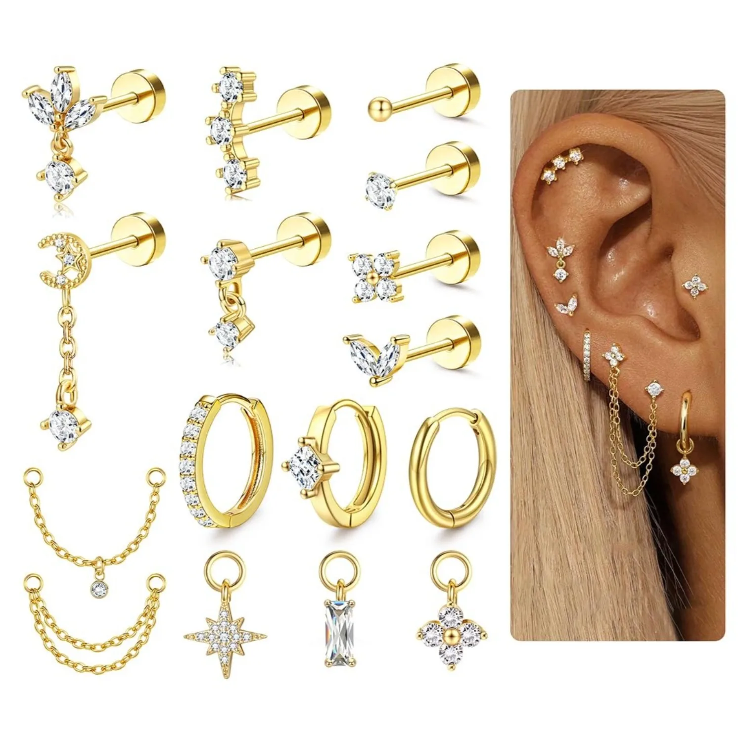 Body Jewelry Surgical Steel - Серьги-гвоздики для хряща, 16 калибра, для